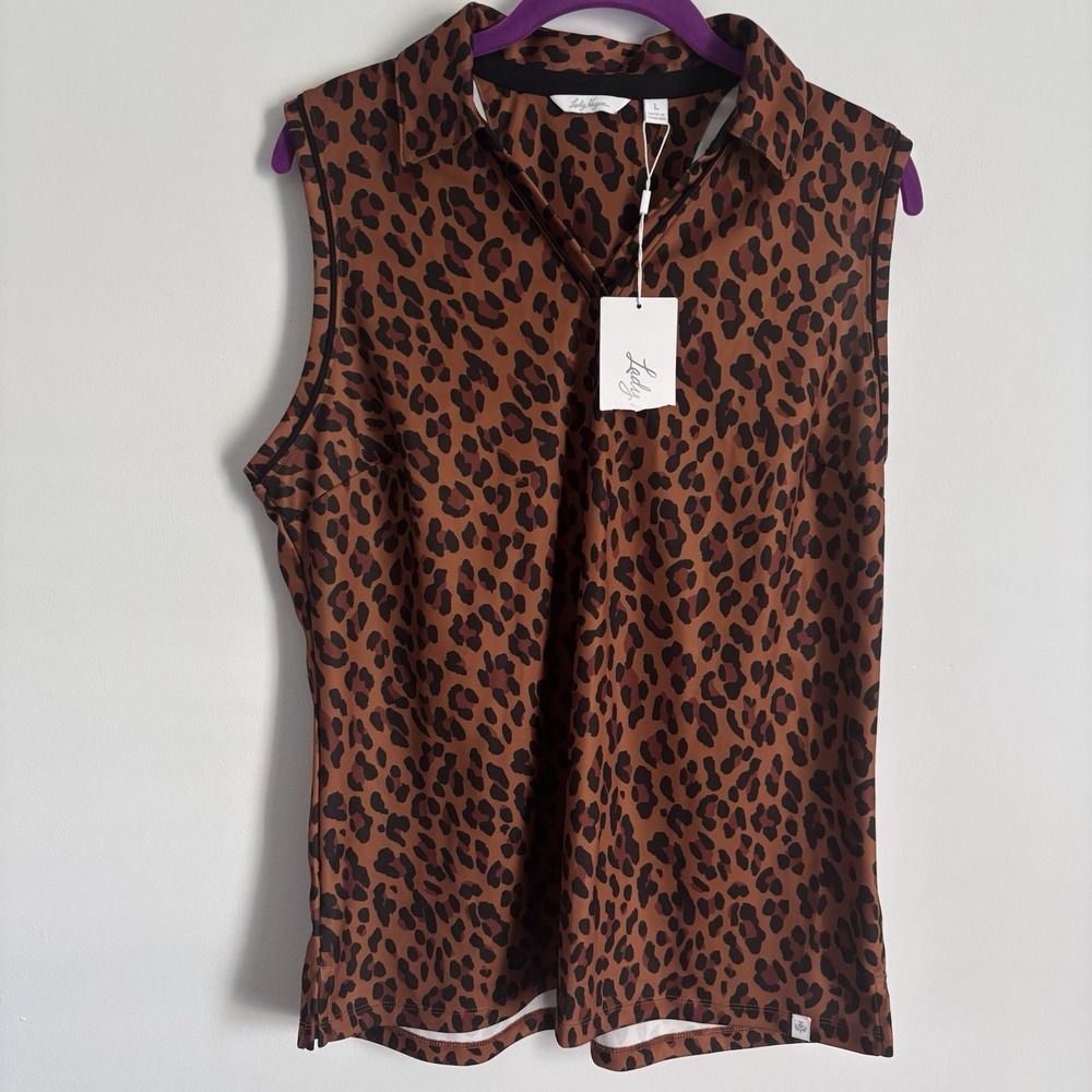 Lady Hagen Brown Leopard Print Sleeveless Polo Top